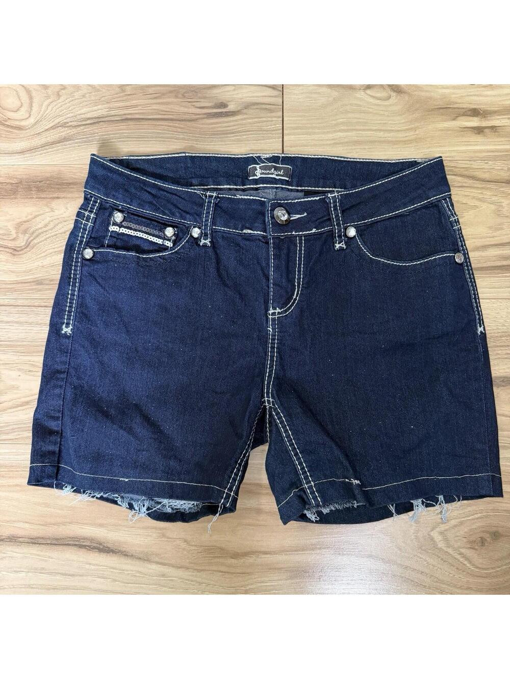 Soundgirl Dark Wash Denim Shorts 13 Sequin Rhinestone McBling Y2K Bling Pocket